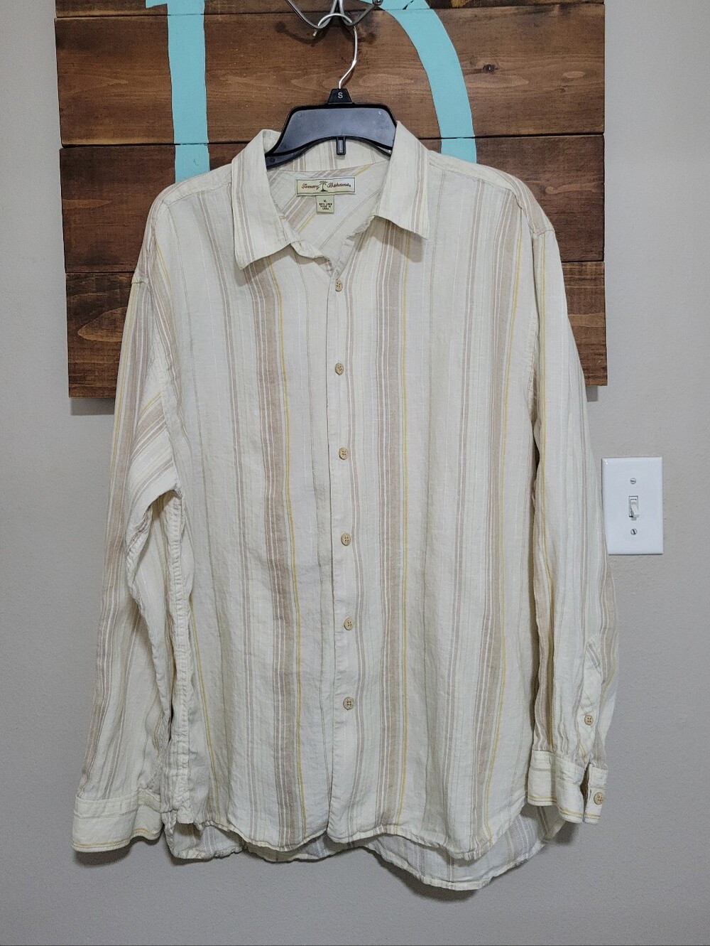 Tommy Bahama Cream and Beige Striped Button-Down Coastal Summer Linen Shirt XL